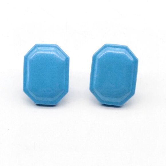 Sky Blue Enamel Vintage Earrings, Beveled Rectangle Studs - Picture 2 of 4